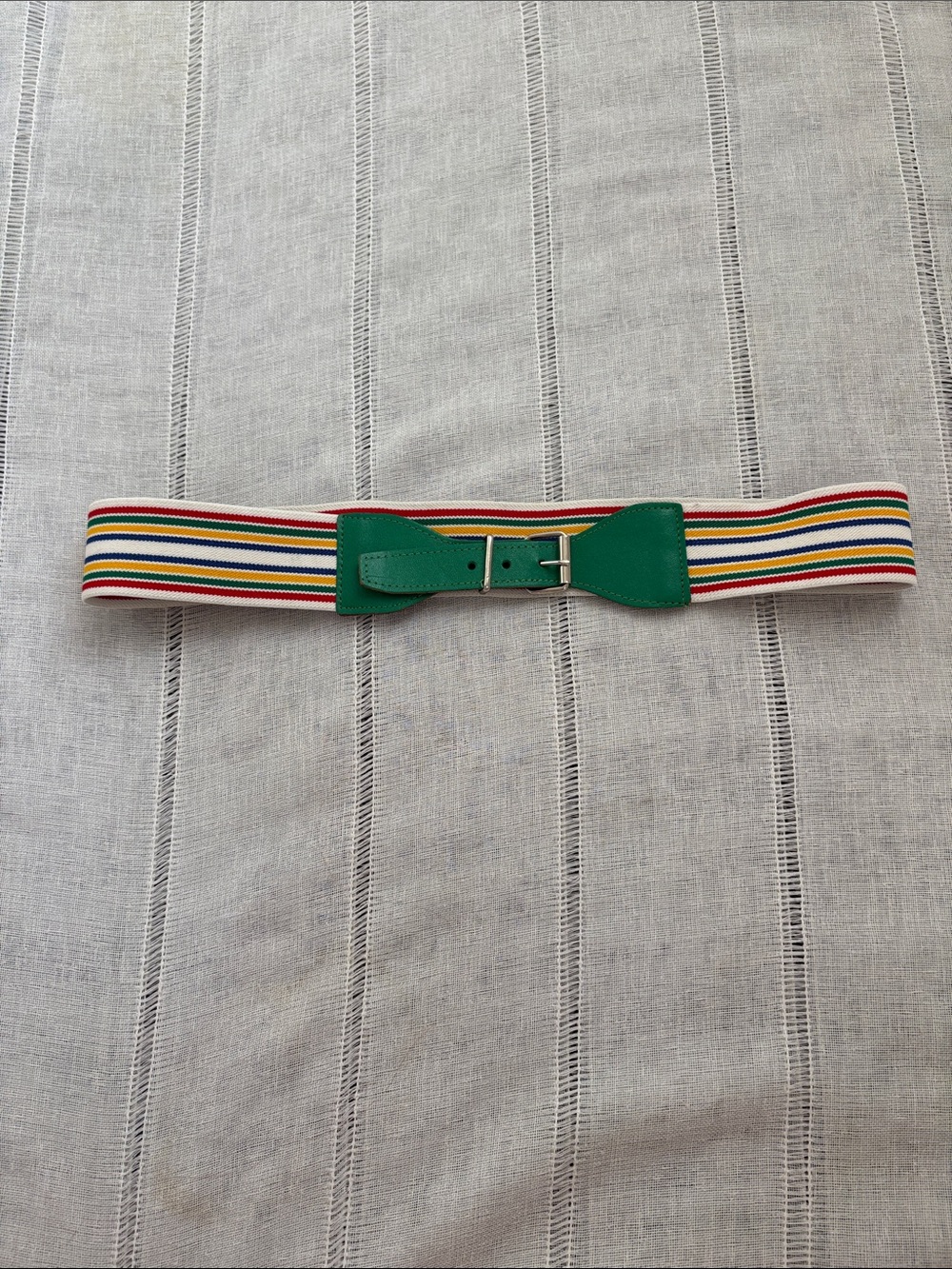 Vintage 70s Striped Multicolor Elastic Belt With Faux Green Leather Buckle.